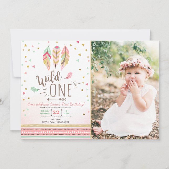 Invitation Wild one Birthday Girl Rose Gold 1st Boho Feathers (Devant)
