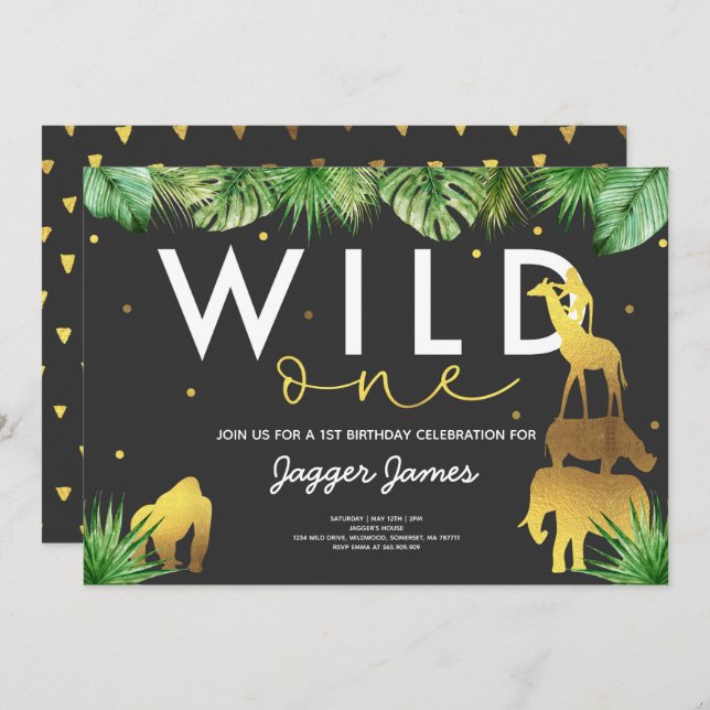 Invitation Wild One Birthday Jungle Animals Party (Devant / Derrière)