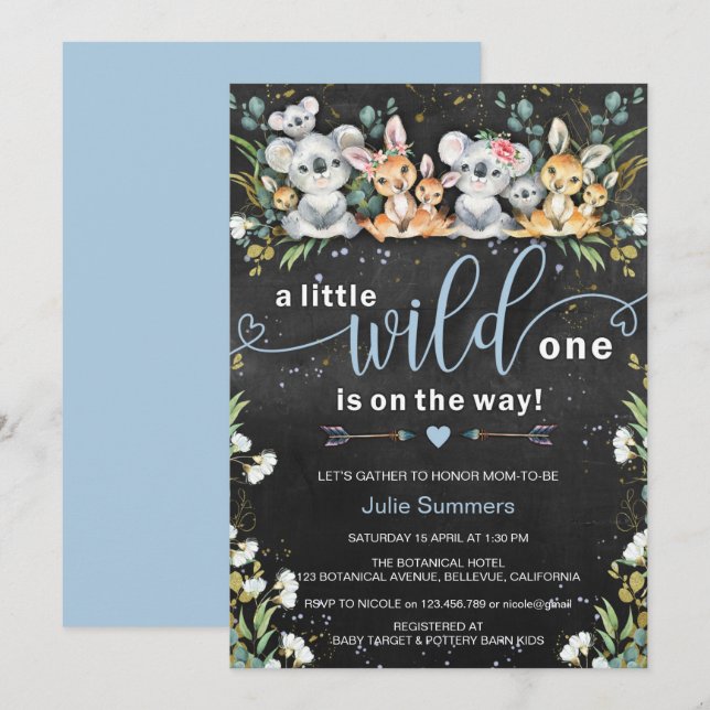 Invitation Wild One Boy Blue Koala & Kangaroo Baby shower (Devant / Derrière)
