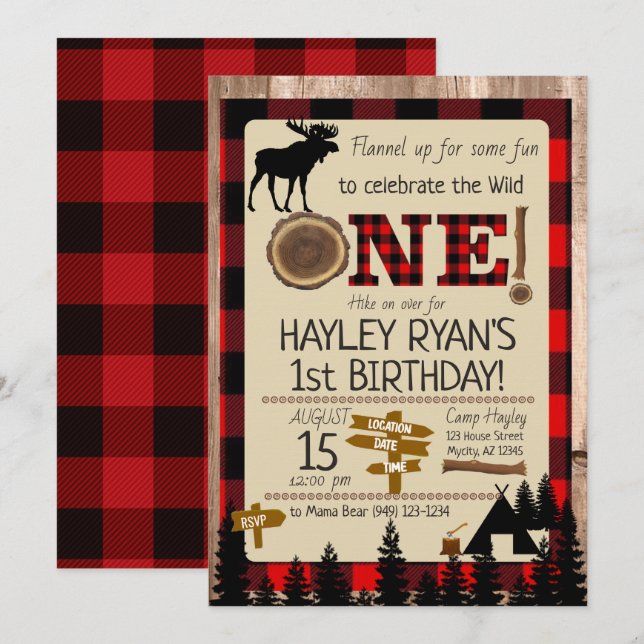 Invitation Wild One Buffalo Check Flannel Moose 1er anniversa (Devant / Derrière)