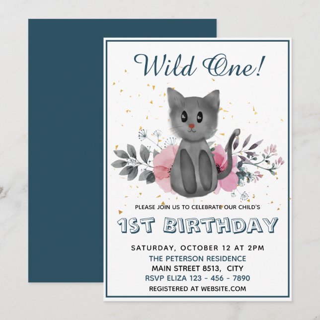 Invitation Wild One - Chat bébé et fleurs 1er anniversaire (Devant / Derrière)