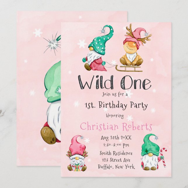 Invitation Wild One Christmas Gnome 1er anniversaire (Devant / Derrière)