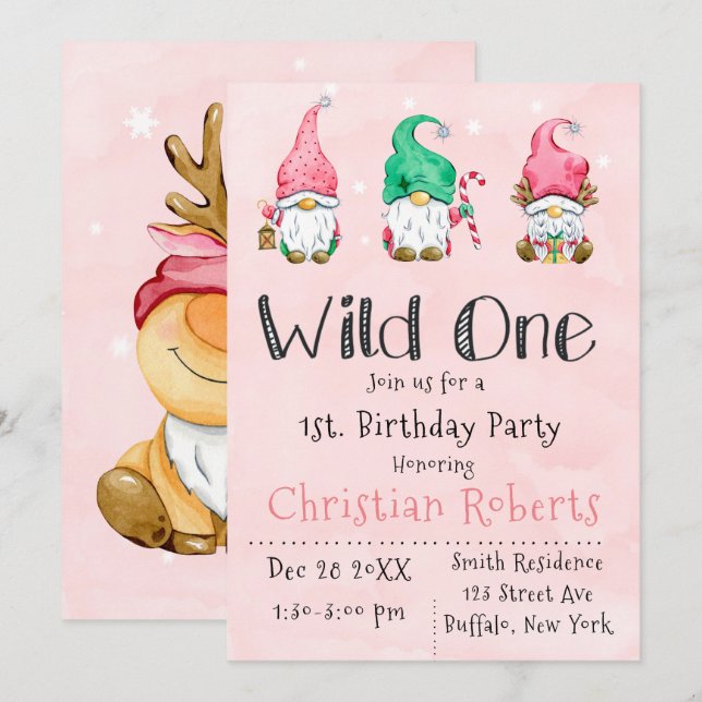 Invitation Wild One Christmas Gnomes 1er fête d'anniversaire (Devant / Derrière)