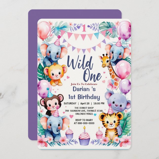 Invitation Wild One Cute Animals Balloon cupcake 1st Birthday (Devant / Derrière)
