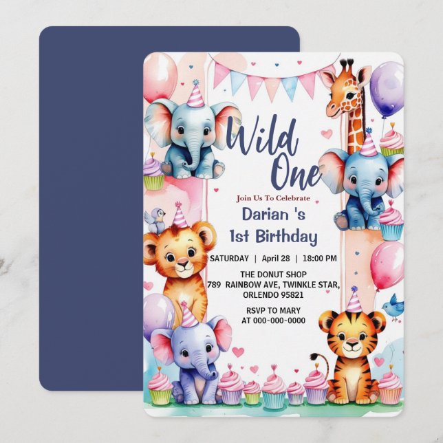 Invitation Wild One Cute Animals Balloon cupcake 1st Birthday (Devant / Derrière)