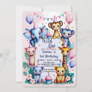 Invitation Wild One Cute Animaux Ballons enfants 1er annivers