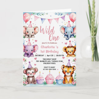 Invitation Wild One Cute Animaux Ballons filles 1er anniversa