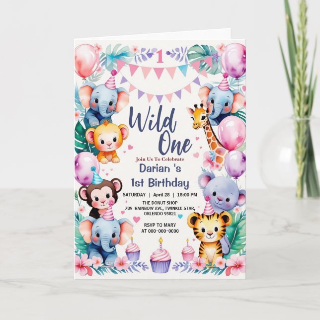 Invitation Wild One Cute Animaux Balloon cupcake 1er annivers (Devant)