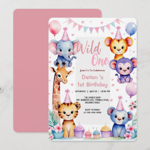 Invitation Wild One Cute Animaux Balloon cupcake 1er annivers