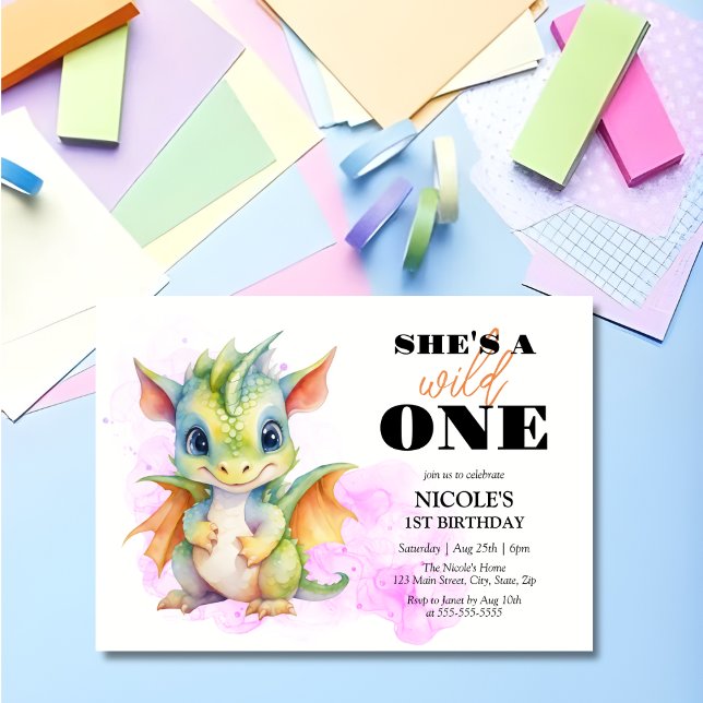 Invitation Wild One Cute Baby Dragon Fairytale 1er Anniversai (Créateur téléchargé)