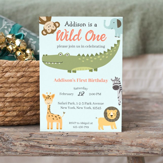 Invitation Wild One Cute Safari Animaux 1er anniversaire (Wild One African Safari Animals 1st Birthday Party Invitation)
