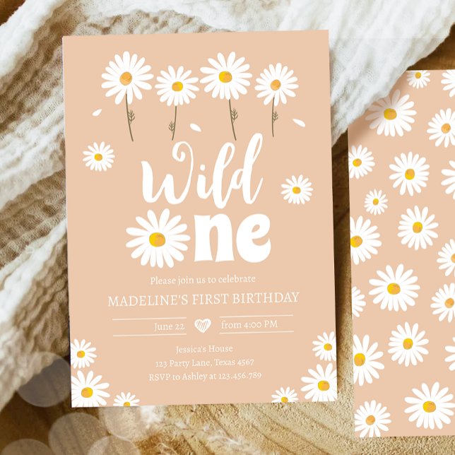 Invitation Wild One Daisy Boho Sand Creme Girl Premier annive (Créateur téléchargé)