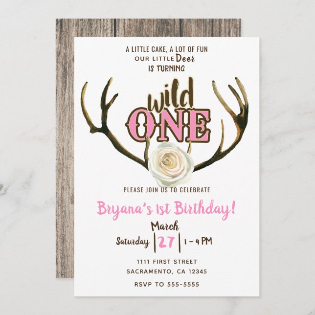 Invitation Wild One Deer Antlers Rose rose 1er anniversaire (Devant / Derrière)