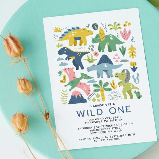 Invitation Wild One Dino Party mignonne Dinosaures moderne d' (Créateur téléchargé)
