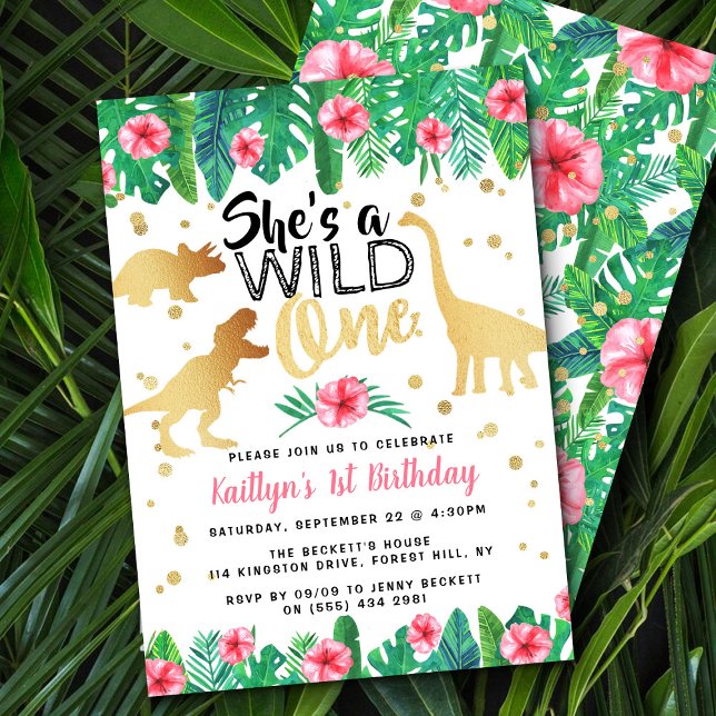 Invitation Wild One Dinosaur Girls 1er anniversaire (Créateur téléchargé)