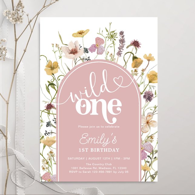 Invitation Wild One Fleur sauvage Blush rose 1er anniversaire (Créateur téléchargé)
