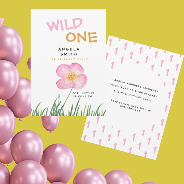 Invitation Wild One Fleur sauvage rose 1er anniversaire (Créateur téléchargé)