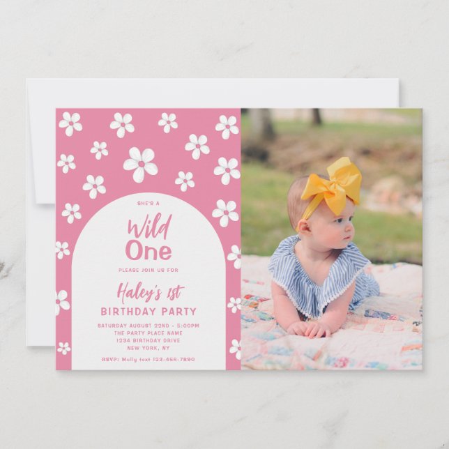 Invitation Wild One Floral Photo Baby Girl 1er anniversaire f (Devant)