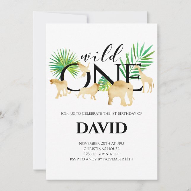 Invitation WILD ONE Garçon 1er Anniversaire Gold Foil Animaux (Devant)