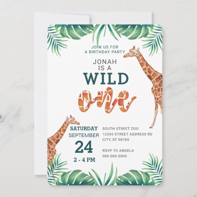 Invitation WILD ONE girafe premier anniversaire zoo de fête (Devant)