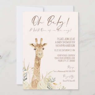 Invitation Wild One Giraffe Blush Floral Genre Neutre Bébé