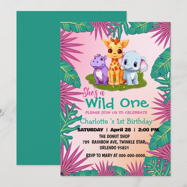 Invitation Wild One Giraffe Hippo jungle 1er Anniversaire ani (Devant / Derrière)