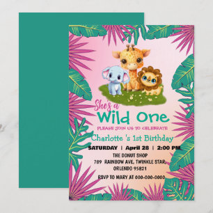 Invitation Wild One Giraffe lion jungle 1er Anniversaire anim