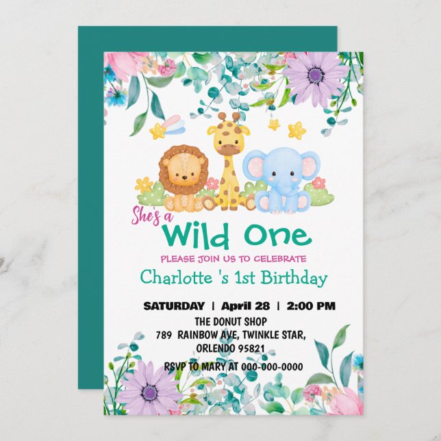 Invitation Wild One Giraffe Zoo jungle 1er Animaux Anniversai (Devant / Derrière)