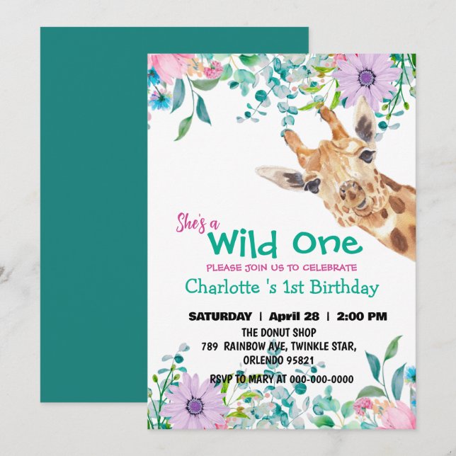 Invitation Wild One Giraffe Zoo jungle 1er Animaux Anniversai (Devant / Derrière)