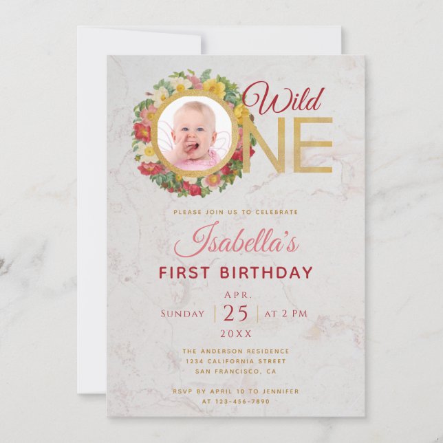 Invitation Wild One Girl Photo en Rose Wreath Premier anniver (Devant)