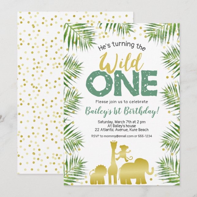 Invitation Wild One Green Gold Safari Animaux 1er anniversair (Devant / Derrière)
