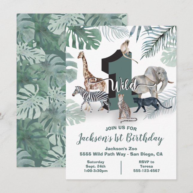 Invitation Wild One Jungle Animaux Anniversaire Fête Invitati (Devant / Derrière)