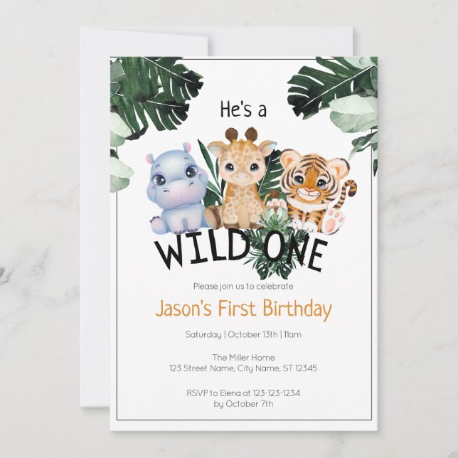Invitation Wild One Jungle Animaux & Green Card Anniversaire (Devant)