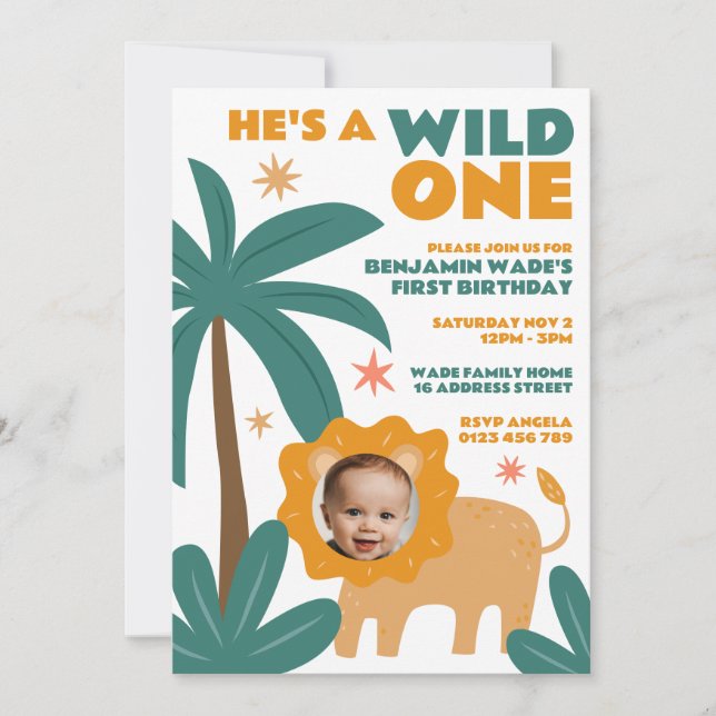 Invitation Wild One Jungle Baby Boy Photo 1er anniversaire (Devant)