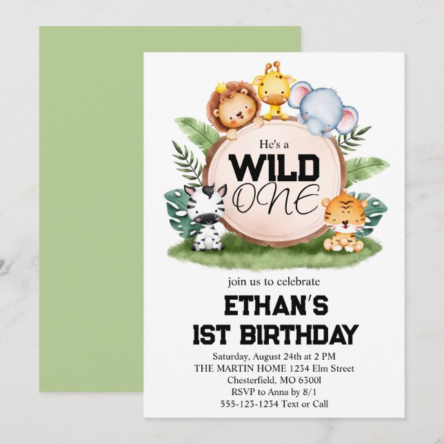 Invitation Wild One Jungle Safari Animaux 1er anniversaire (Devant / Derrière)