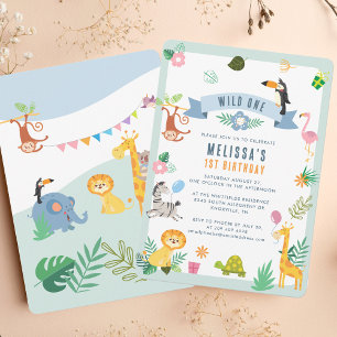 Invitation Wild One Jungle Safari Animaux 1er anniversaire