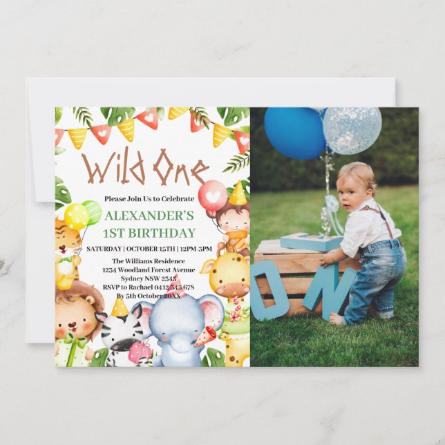 Invitation Wild One Jungle Safari Animaux 1er Anniversaire Ph (Devant)