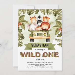 Invitation Wild One jungle safari animaux conduisant un camio