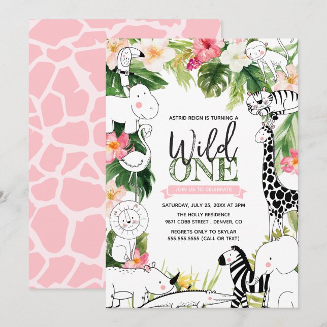 Invitation Wild One Jungle Safari Animaux filles premier anni (Devant / Derrière)