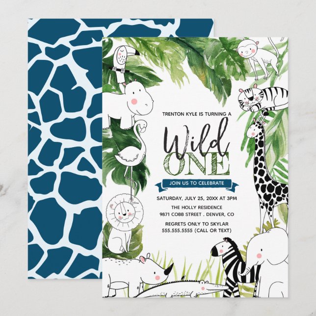 Invitation Wild One Jungle Safari Animaux Garçons Premier ann (Devant / Derrière)