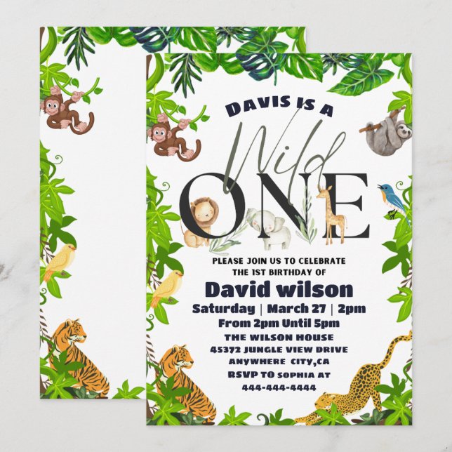 Invitation Wild One Jungle Safari Enfants Thématique 1er anni (Devant / Derrière)