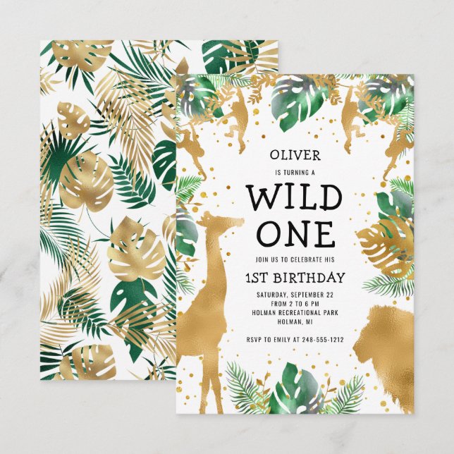 Invitation Wild One Jungle Safari Gold Green 1er anniversaire (Devant / Derrière)
