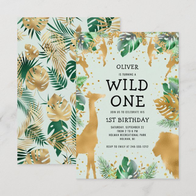 Invitation Wild One Jungle Safari Green Gold 1er anniversaire (Devant / Derrière)