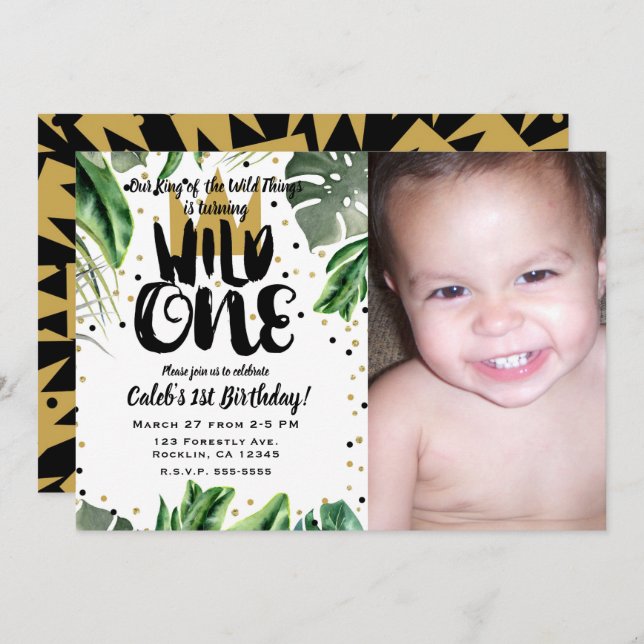 Invitation Wild One King of Things Crown 1st Birthday Party (Devant / Derrière)