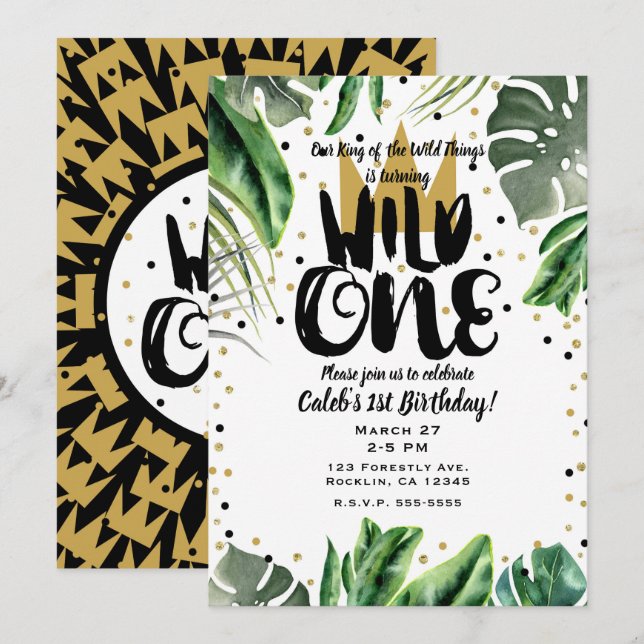 Invitation Wild One King of Things Crown 1st Birthday Party (Devant / Derrière)