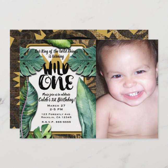 Invitation Wild One King of Things Crown 1st Birthday Party (Devant / Derrière)