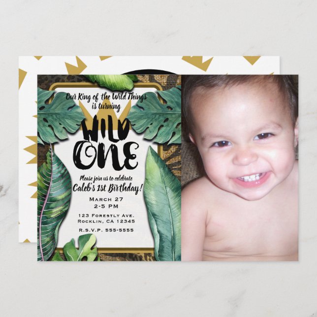 Invitation Wild One King of Things Crown 1st Birthday Party (Devant / Derrière)