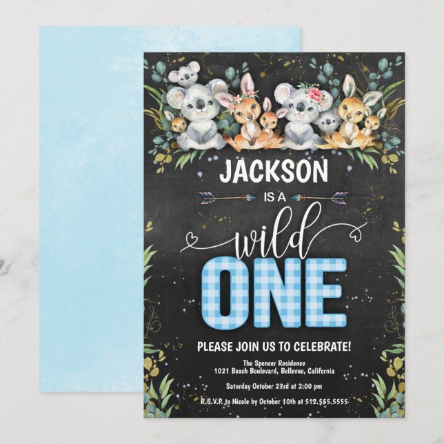 Invitation Wild One Koala & Kangaroo En vichy 1er anniversair (Devant / Derrière)