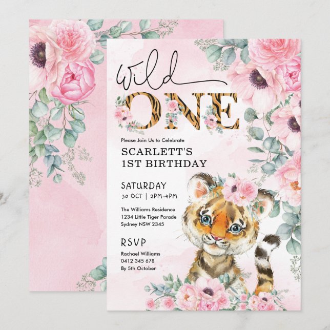 Invitation Wild One Little Tiger 1er anniversaire Pink Floral (Devant / Derrière)