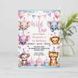 Invitation Wild One mignon Animaux Balloon fille 1er annivers